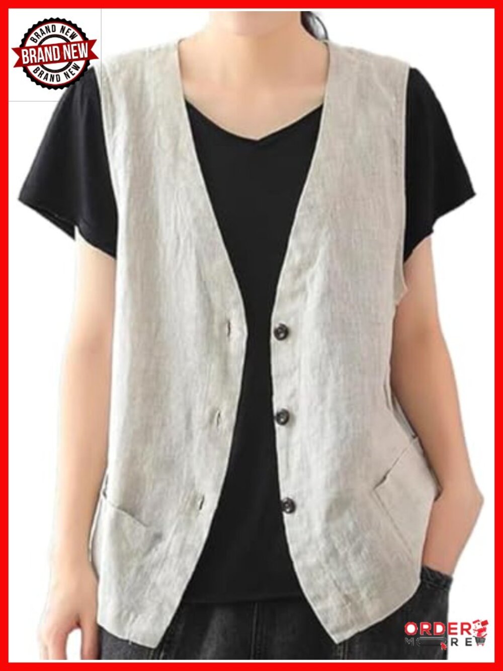 Sleeveless Cotton Linen Vest Blazer Casual Button Front V-Neck